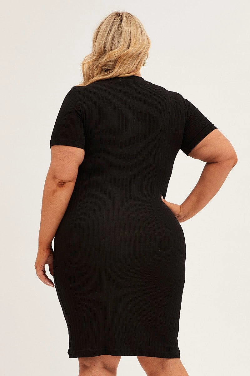 Light and Comfortable Black Midi Dress Short Sleeve Rib Jersey Bodycon