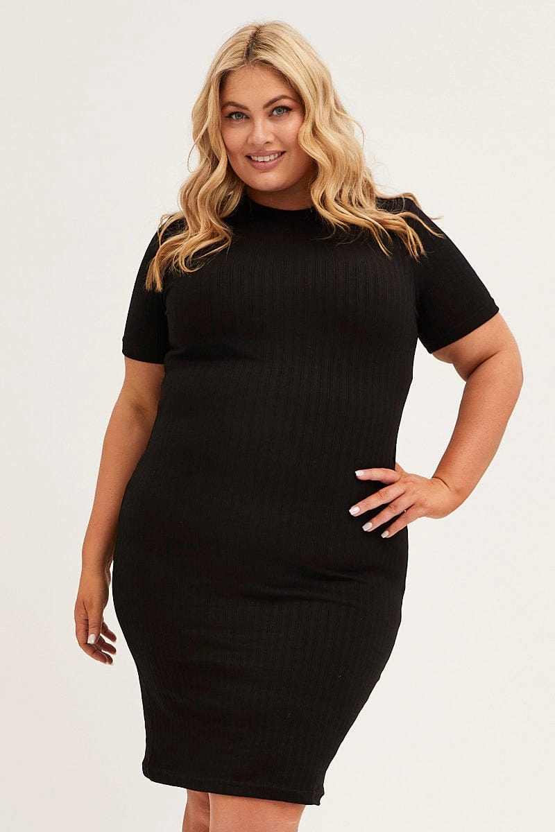 Chilly Wear Sleek Silhouette Black Midi Dress Short Sleeve Rib Jersey Bodycon
