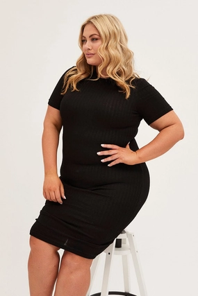 Layer Safe FadeResistantColor Black Midi Dress Short Sleeve Rib Jersey Bodycon