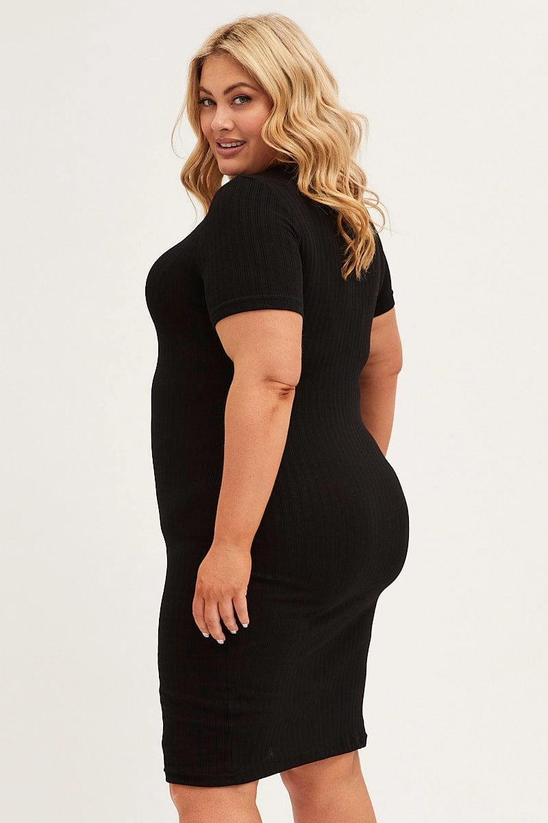 Smart Comfort Black Midi Dress Short Sleeve Rib Jersey Bodycon
