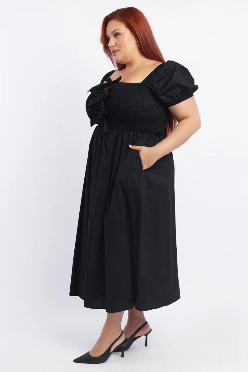 Lightweight Inner Smile Black Midi Dress Short Sleeve Shirred Body Ribbon Front
