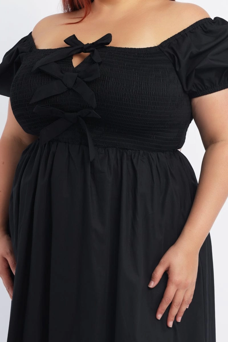 Black Midi Dress Short Sleeve Shirred Body Ribbon Front Flexible Design Church Scene