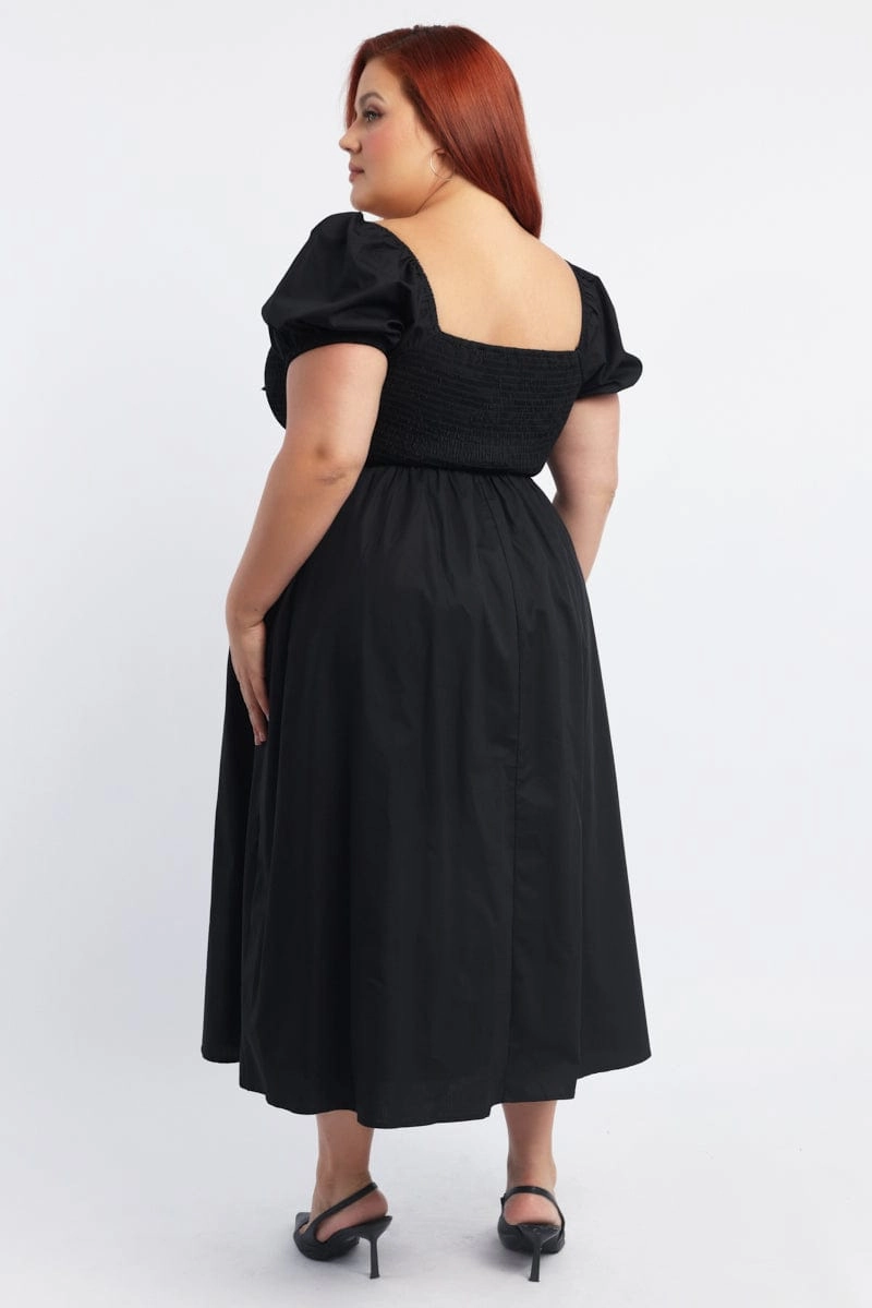 Refined Finish Black Midi Dress Short Sleeve Shirred Body Ribbon Front