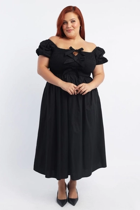 Black Midi Dress Short Sleeve Shirred Body Ribbon Front Timeless Look Smart Blend