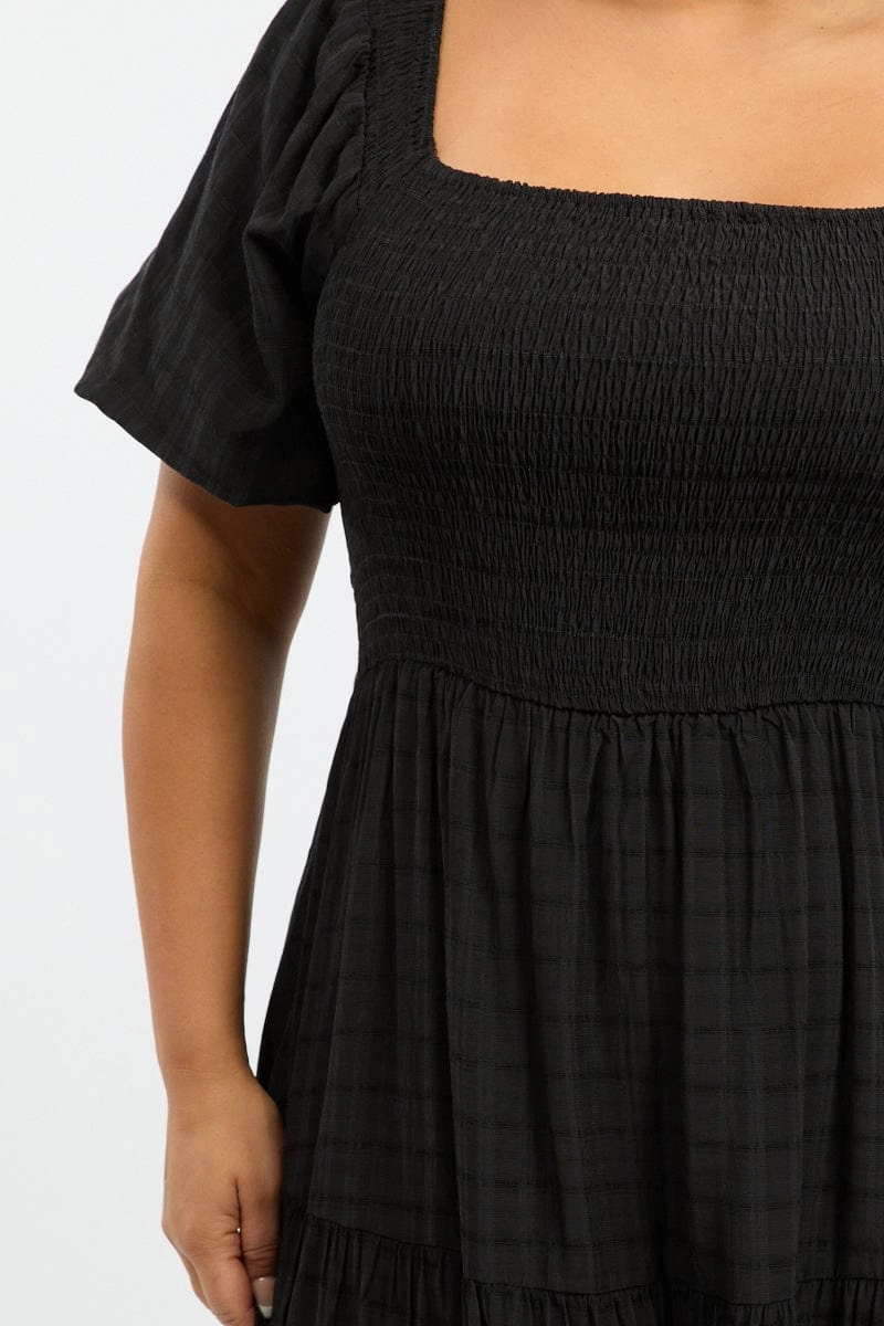 Chilly Wear Black Midi Dress Short Sleeve Shirred