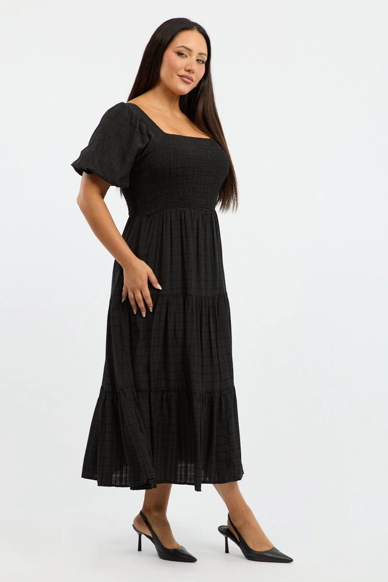 Easy Tones Black Midi Dress Short Sleeve Shirred