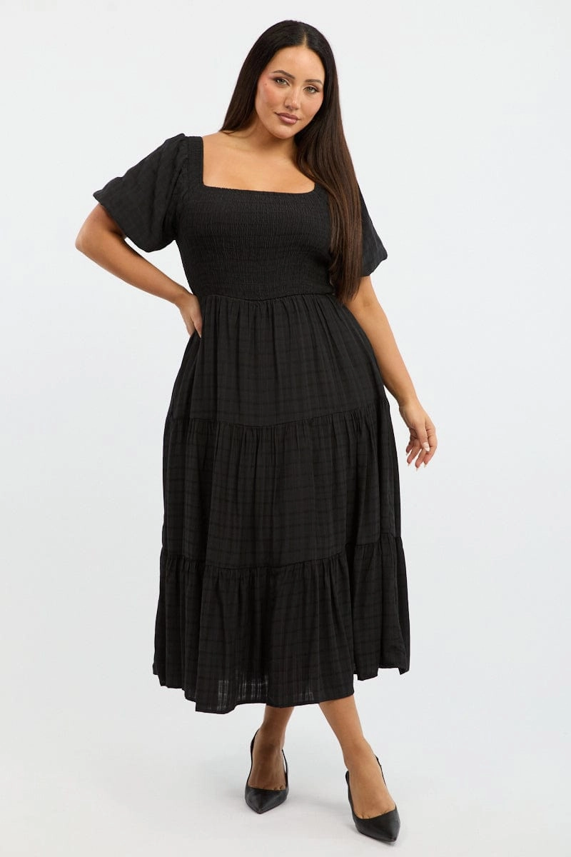 Black Midi Dress Short Sleeve Shirred Effortless Mood Smart Fit Wear