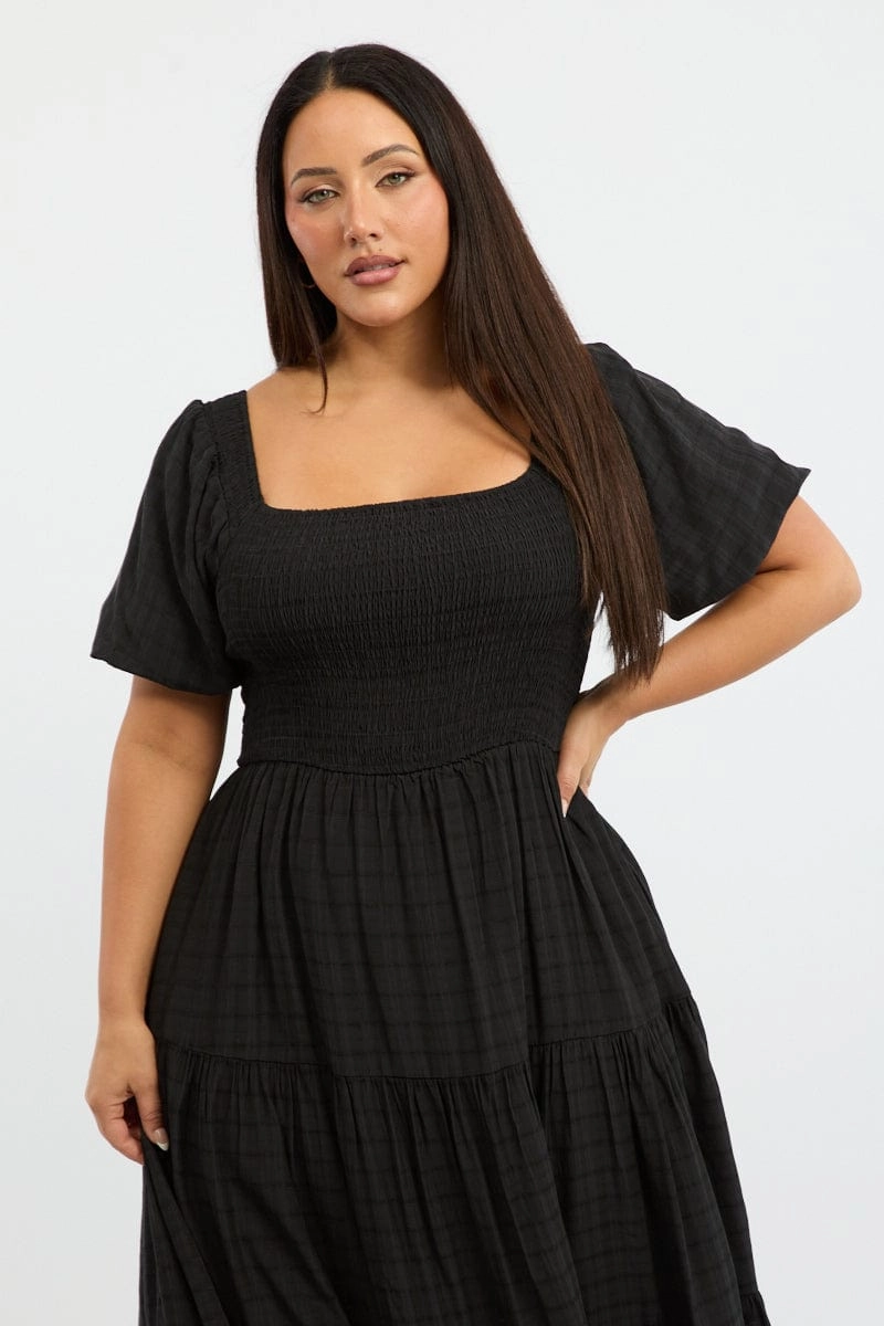 Flower Grace Black Midi Dress Short Sleeve Shirred