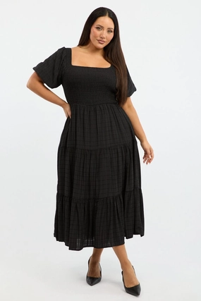Black Midi Dress Short Sleeve Shirred Effortless Mood Smart Fit Wear