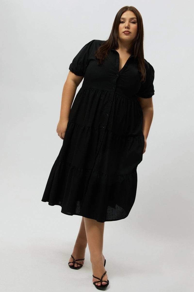 Black Midi Dress Short Sleeve Shirt Relaxed Style