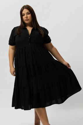 Black Midi Dress Short Sleeve Shirt Solid-color