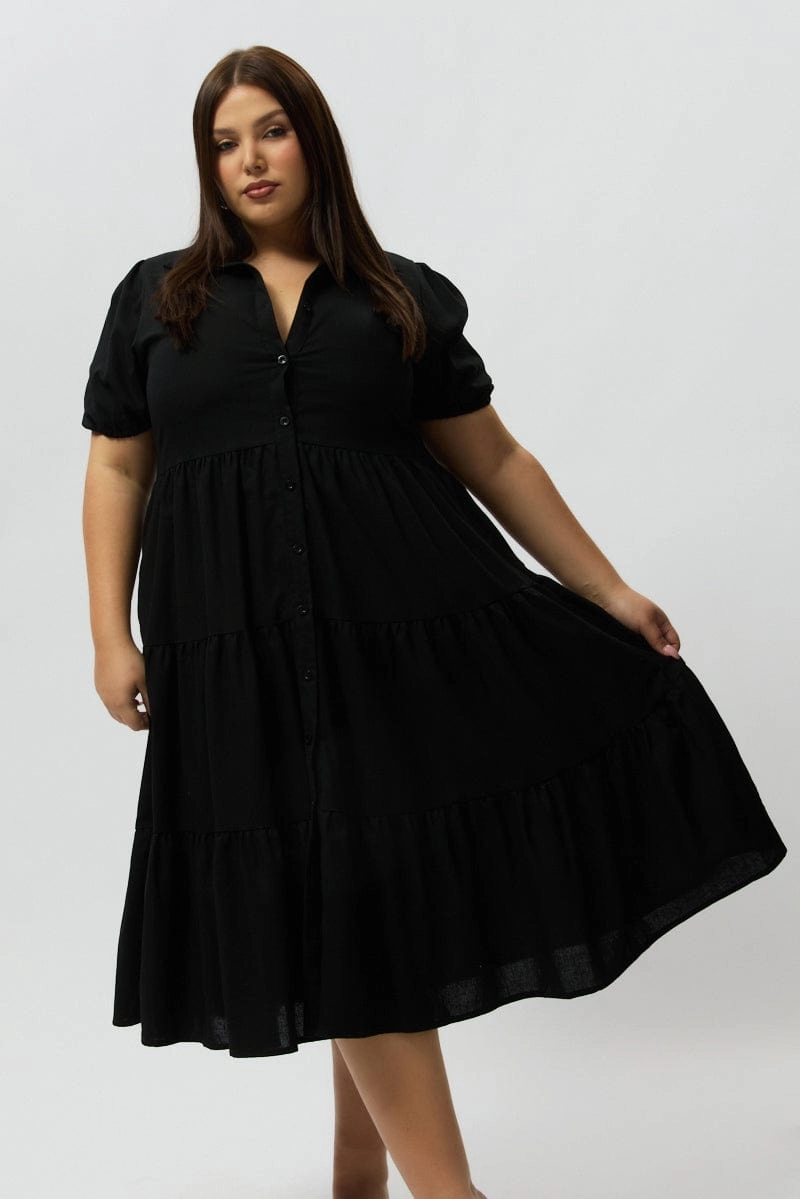 Black Midi Dress Short Sleeve Shirt Solid-color
