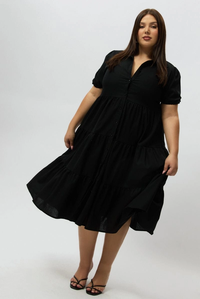 Olive Tone Black Midi Dress Short Sleeve Shirt