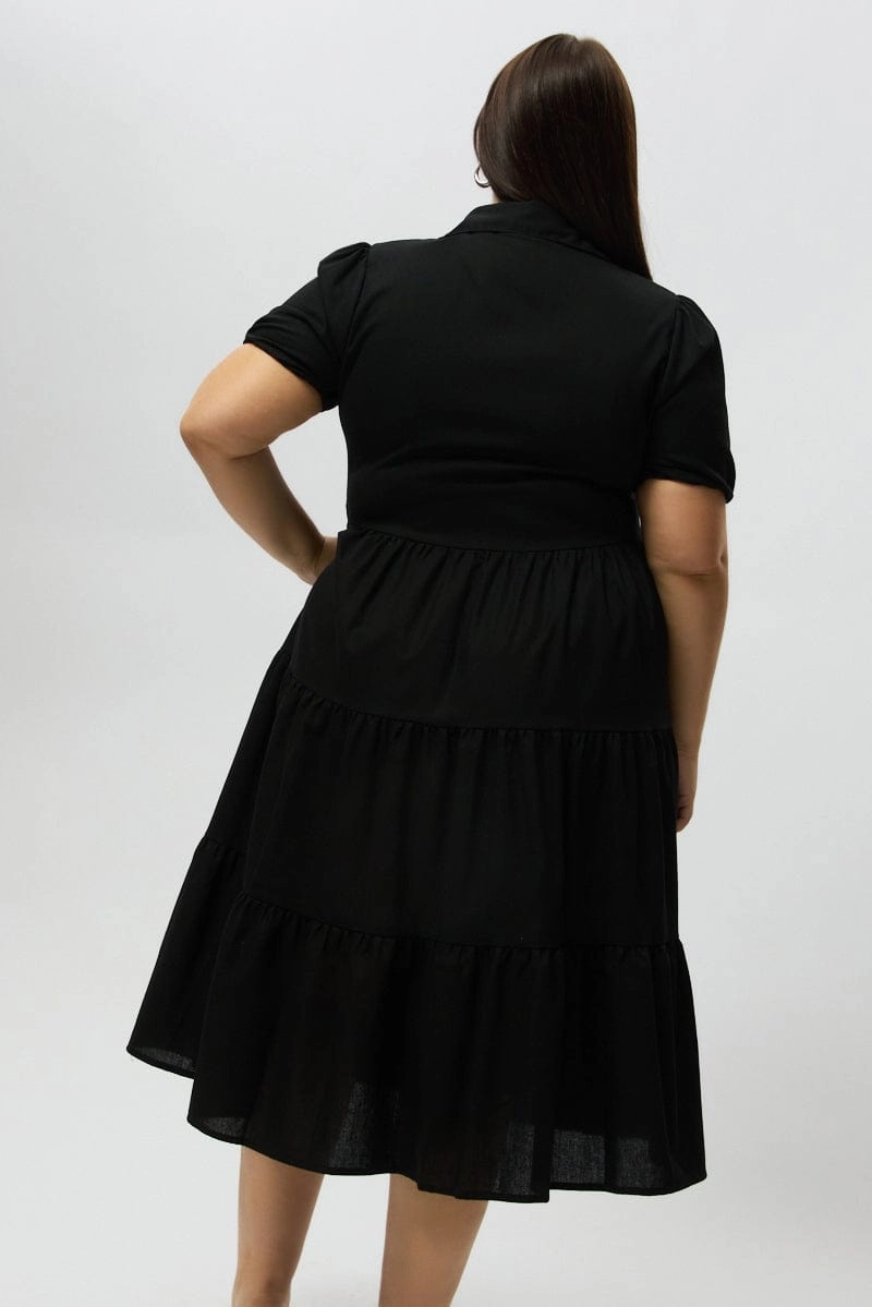 Black Midi Dress Short Sleeve Shirt Comfortable and Flattering Youthful Look