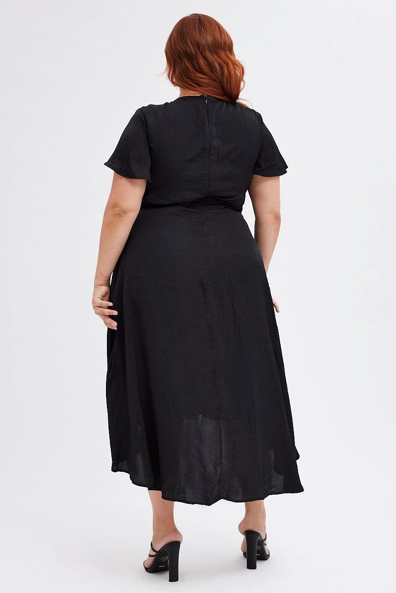 Light Shape Flowy summer gown Black Midi Dress Short Sleeve Tie Back Satin