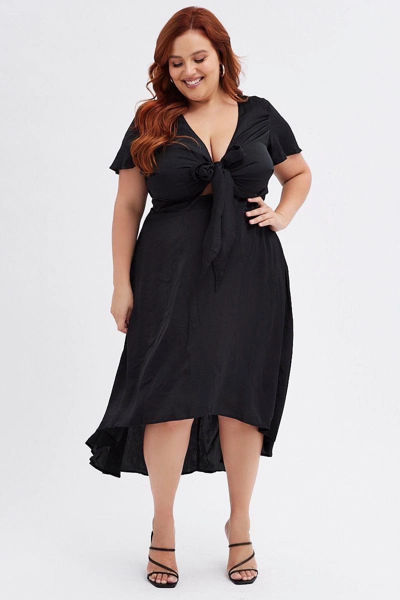 Black Midi Dress Short Sleeve Tie Back Satin Crisp Texture