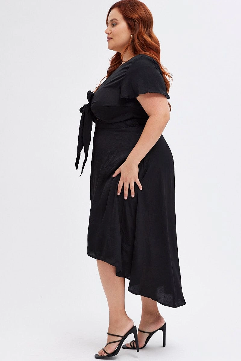 Cozy Touch Occasion Ready Black Midi Dress Short Sleeve Tie Back Satin
