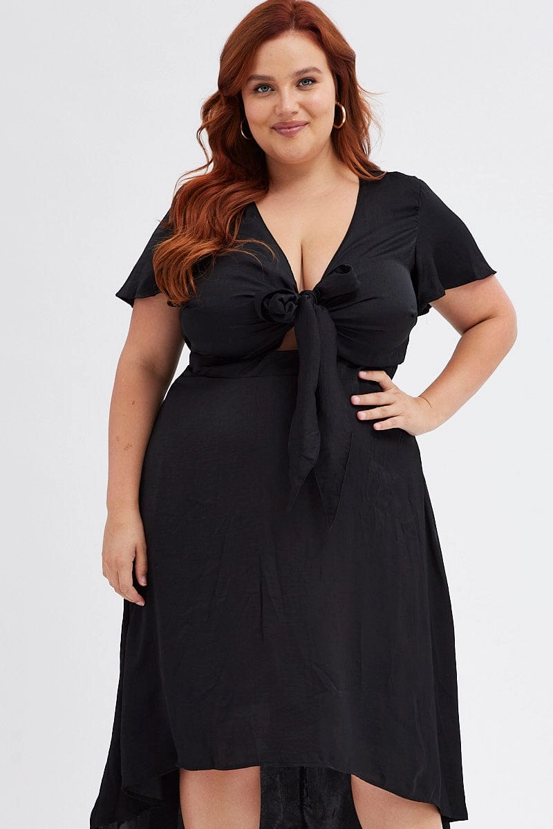 Elegant Layers Dreamy Motion Black Midi Dress Short Sleeve Tie Back Satin