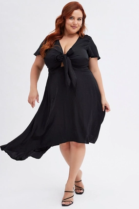 Black Midi Dress Short Sleeve Tie Back Satin Timeless Fashion Cozy Wear