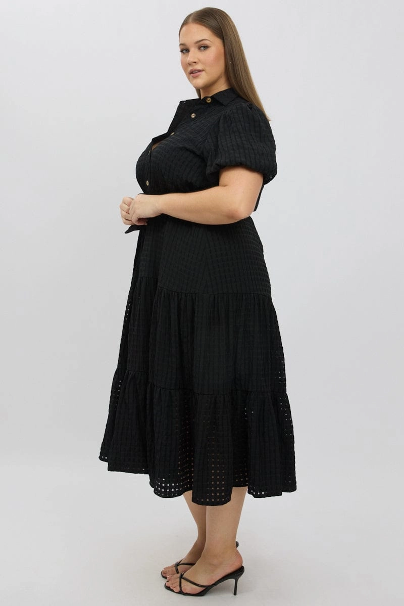 Black Midi Dress Short Sleeve Tiered Shirt Bless Glow