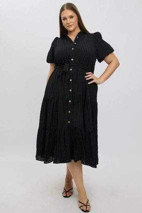 Golden Scene Winter Wrap Black Midi Dress Short Sleeve Tiered Shirt