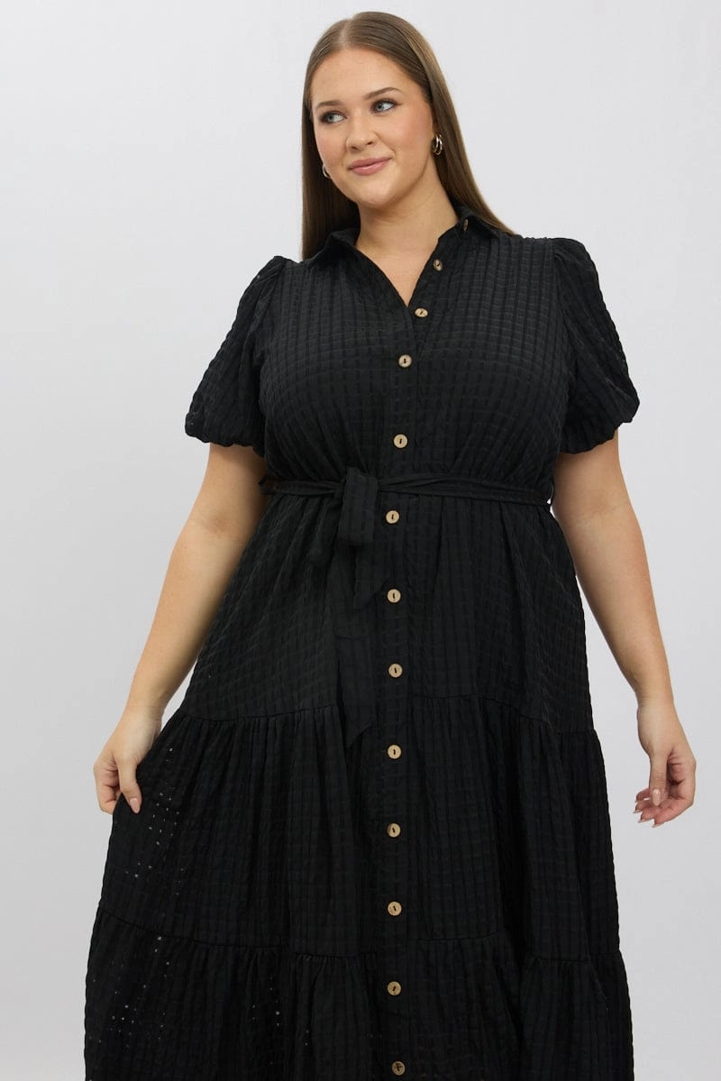 Black Midi Dress Short Sleeve Tiered Shirt Trendy Fit