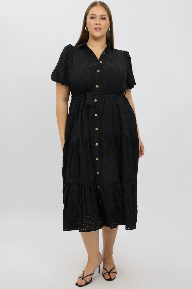 Slit Detail Black Midi Dress Short Sleeve Tiered Shirt