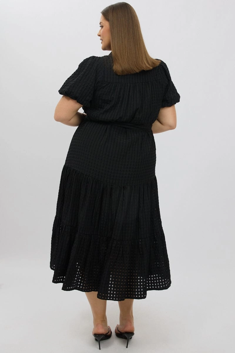 Black Midi Dress Short Sleeve Tiered Shirt Casual Lines