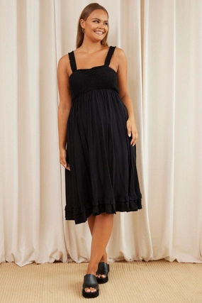 Black Midi Dress Square Neck Sleeveless Sleek Waist Design Fit