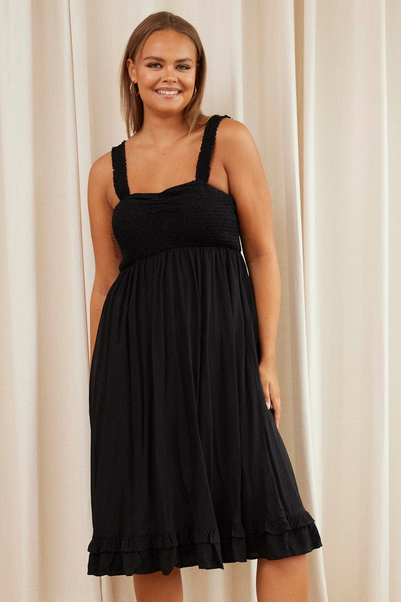 Black Midi Dress Square Neck Sleeveless Crisp Finish