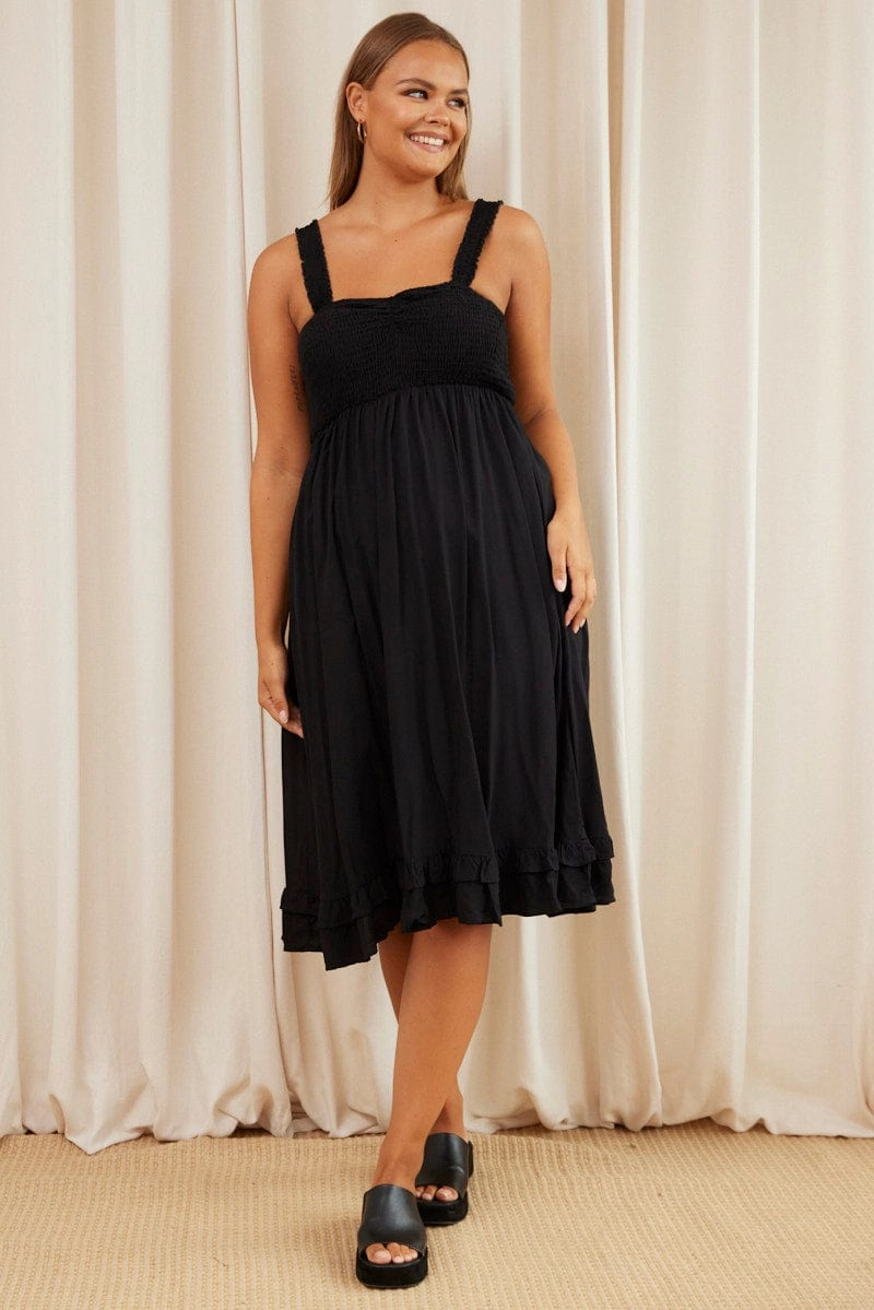 Black Midi Dress Square Neck Sleeveless Sleek Waist Design Fit
