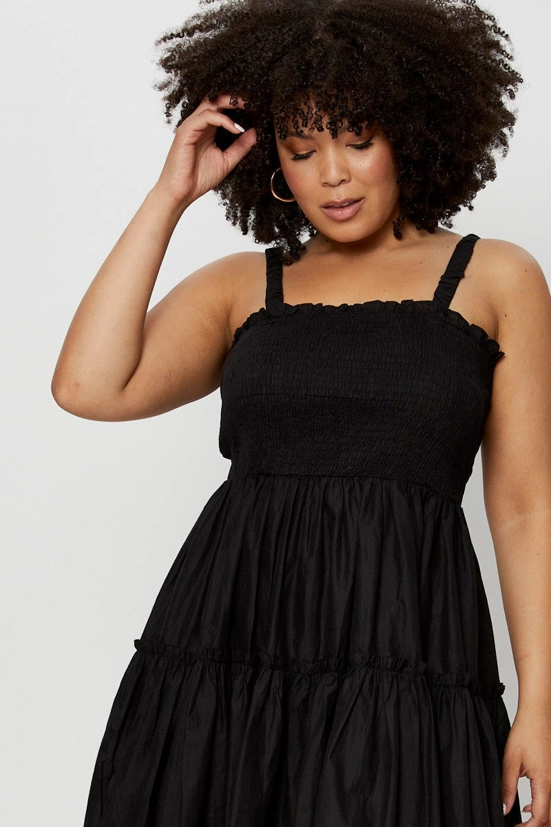 City Layers Black Midi Dress Square Neck Sleeveless