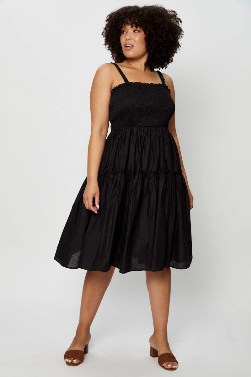 Bold Color Black Midi Dress Square Neck Sleeveless