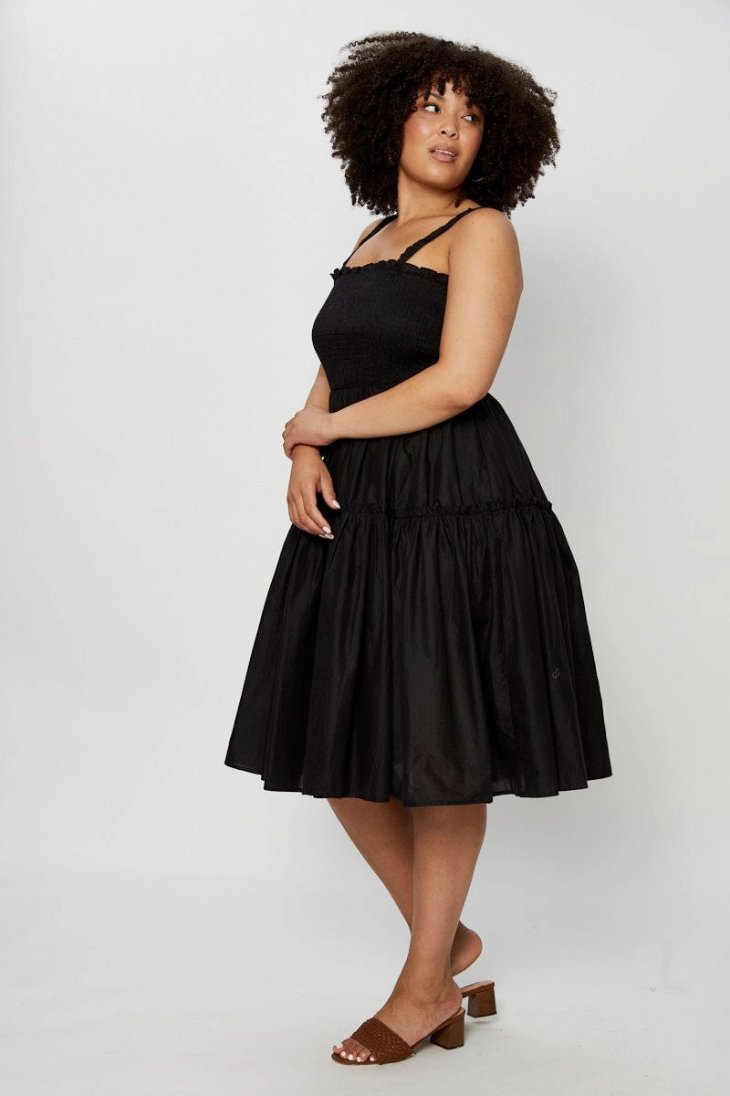 Black Midi Dress Square Neck Sleeveless Work-to-Play Wear Dew Glow