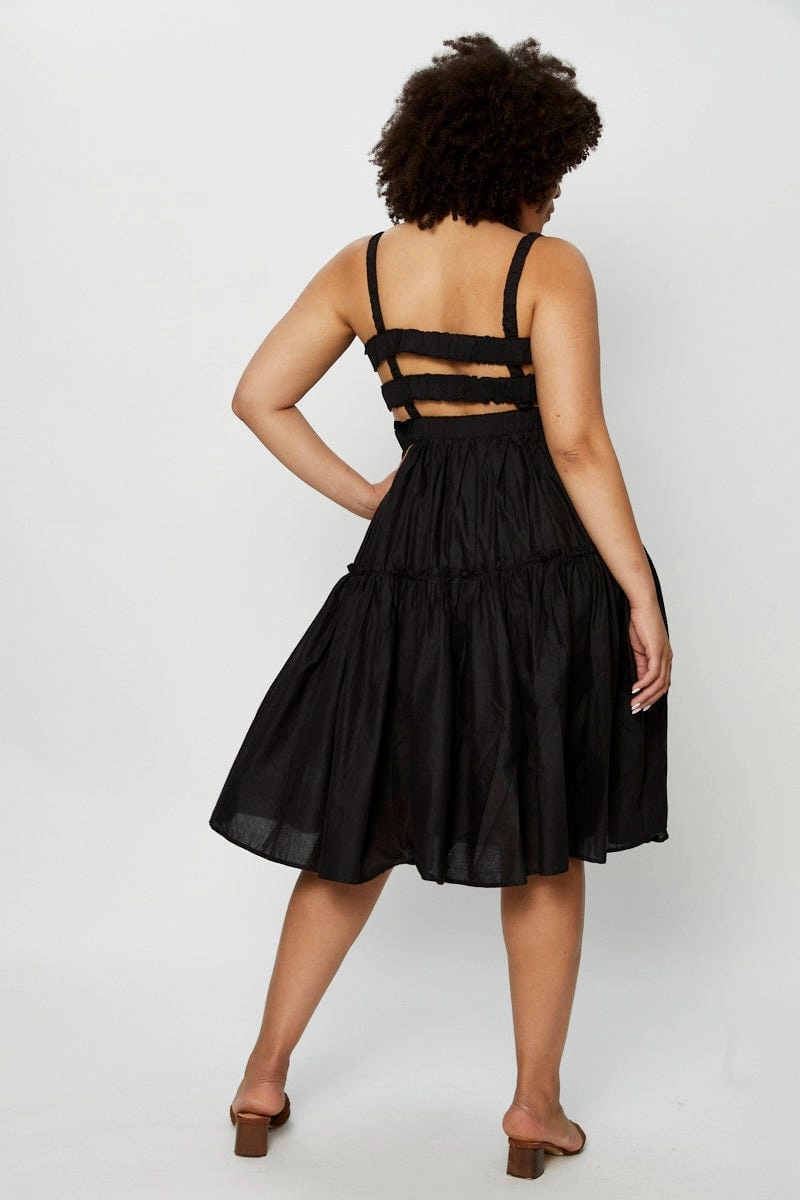 Black Midi Dress Square Neck Sleeveless Go To Wear Youthful Feel