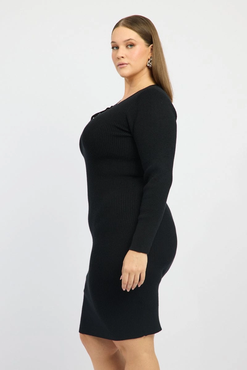 Gentle Flow Black Midi Knit Bodycon Dress V-neck Long Sleeve