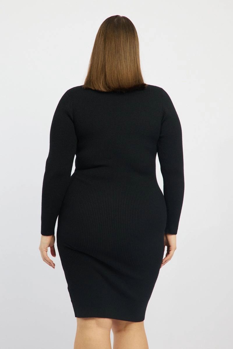 Trend Glow Black Midi Knit Bodycon Dress V-neck Long Sleeve