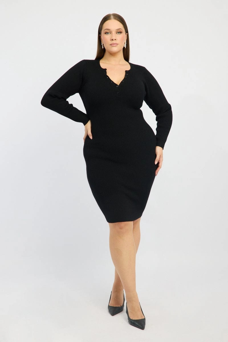 Work Flex Black Midi Knit Bodycon Dress V-neck Long Sleeve