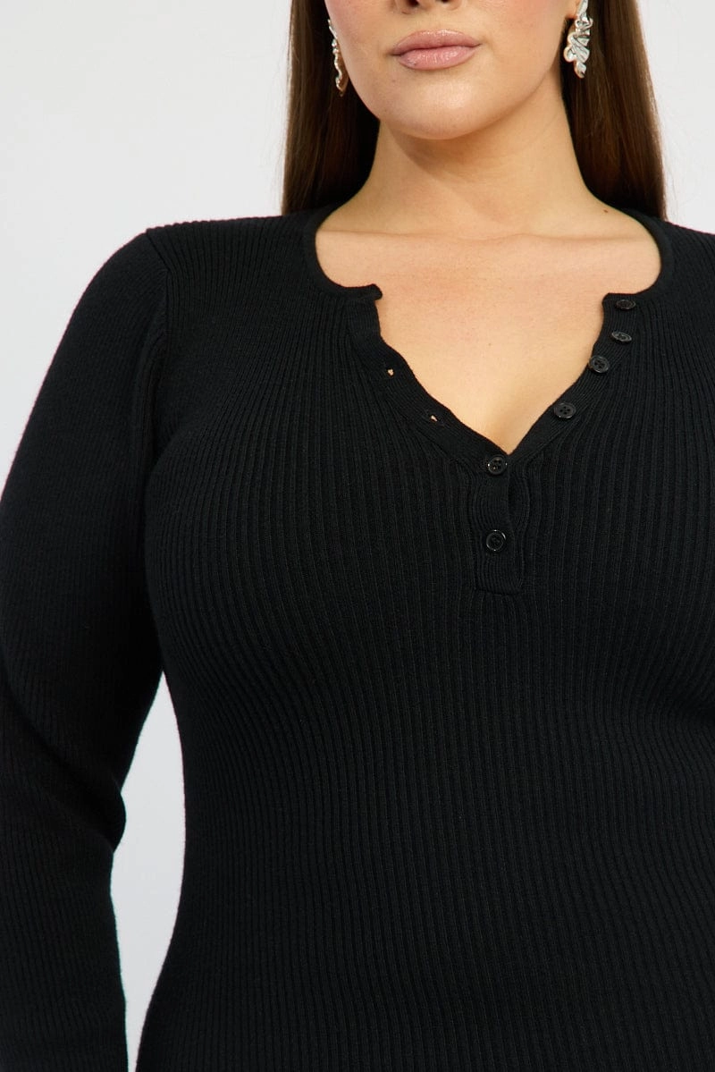 Black Midi Knit Bodycon Dress V-neck Long Sleeve Sleek Volume