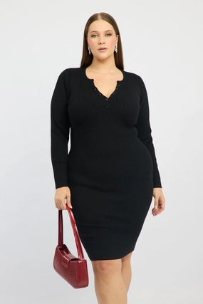 Classic Comfort Black Midi Knit Bodycon Dress V-neck Long Sleeve