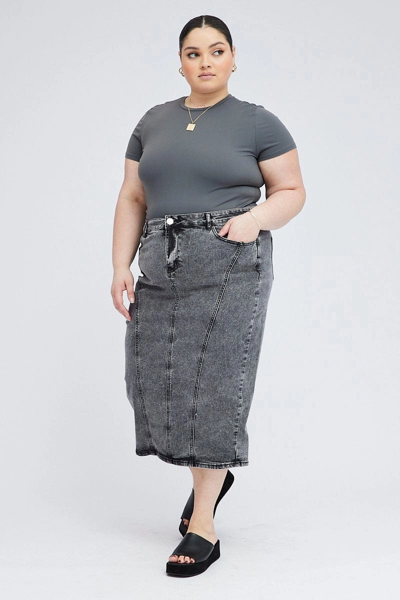 Black Midi Skirt Denim Gather Details Crochet Style