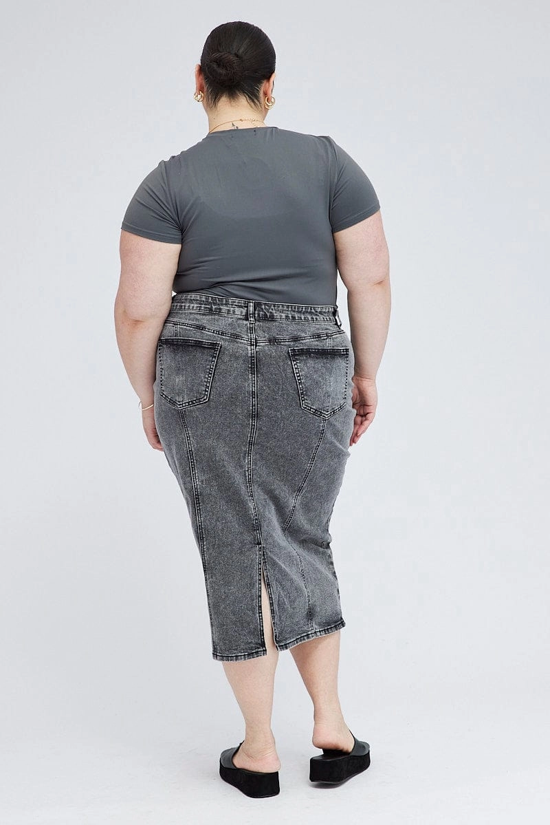 Flexible Comfort Black Midi Skirt Denim