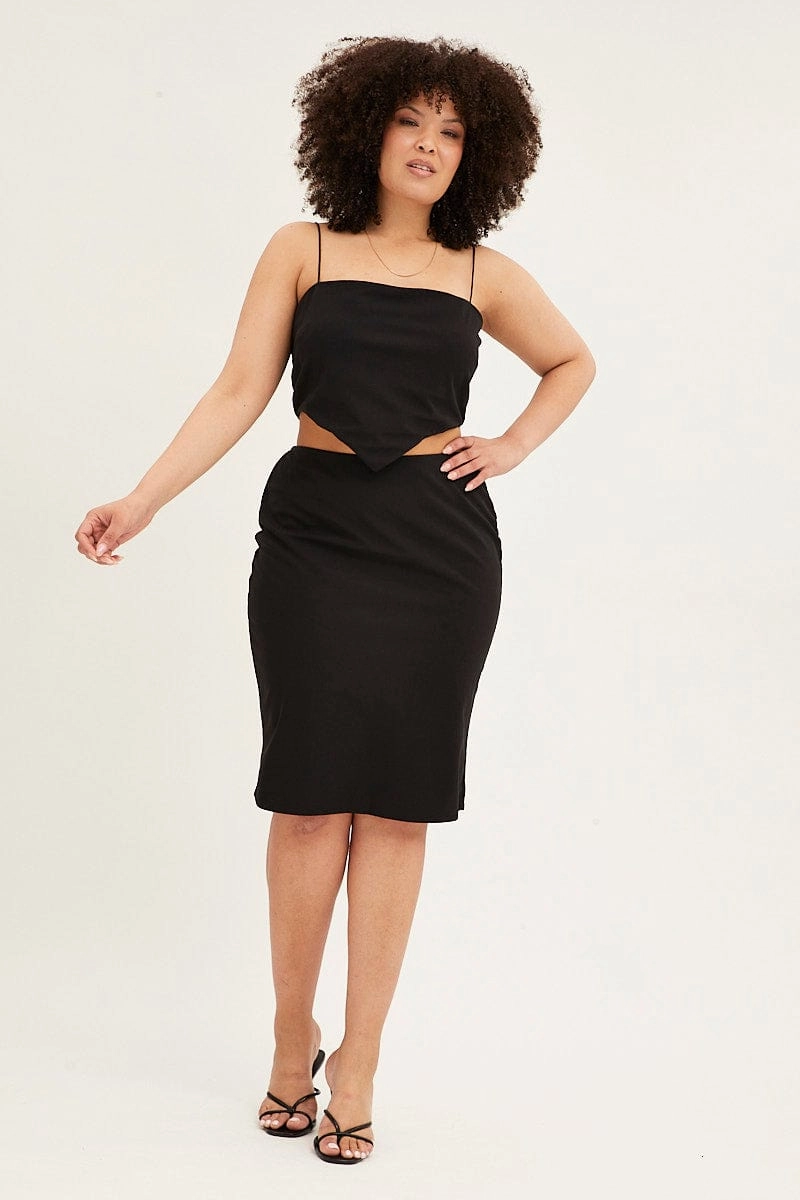Pull On Style Black Midi Skirt Elastic Waist Pencil Knee Length Ponte