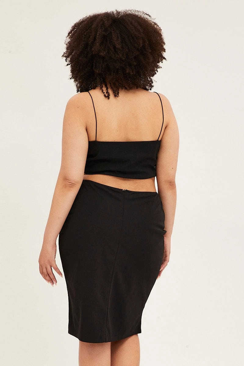 Black Midi Skirt Elastic Waist Pencil Knee Length Ponte High low hem Quilted Texture