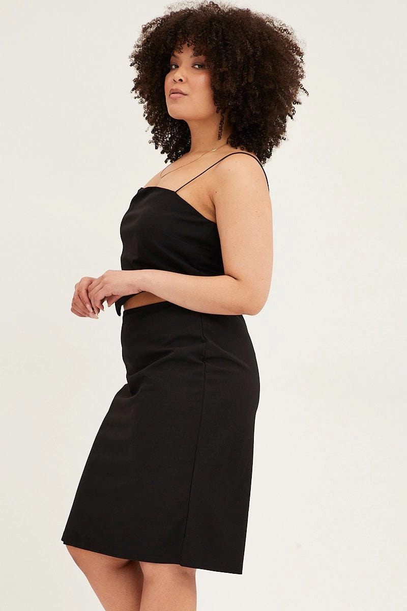 Black Midi Skirt Elastic Waist Pencil Knee Length Ponte Faux Leather Spring Brunch