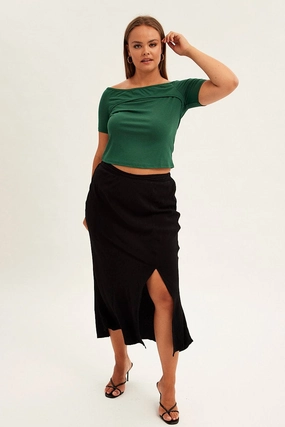 Black Midi Skirt Elastic Waist Split Side Linen Blend Delicate Texture