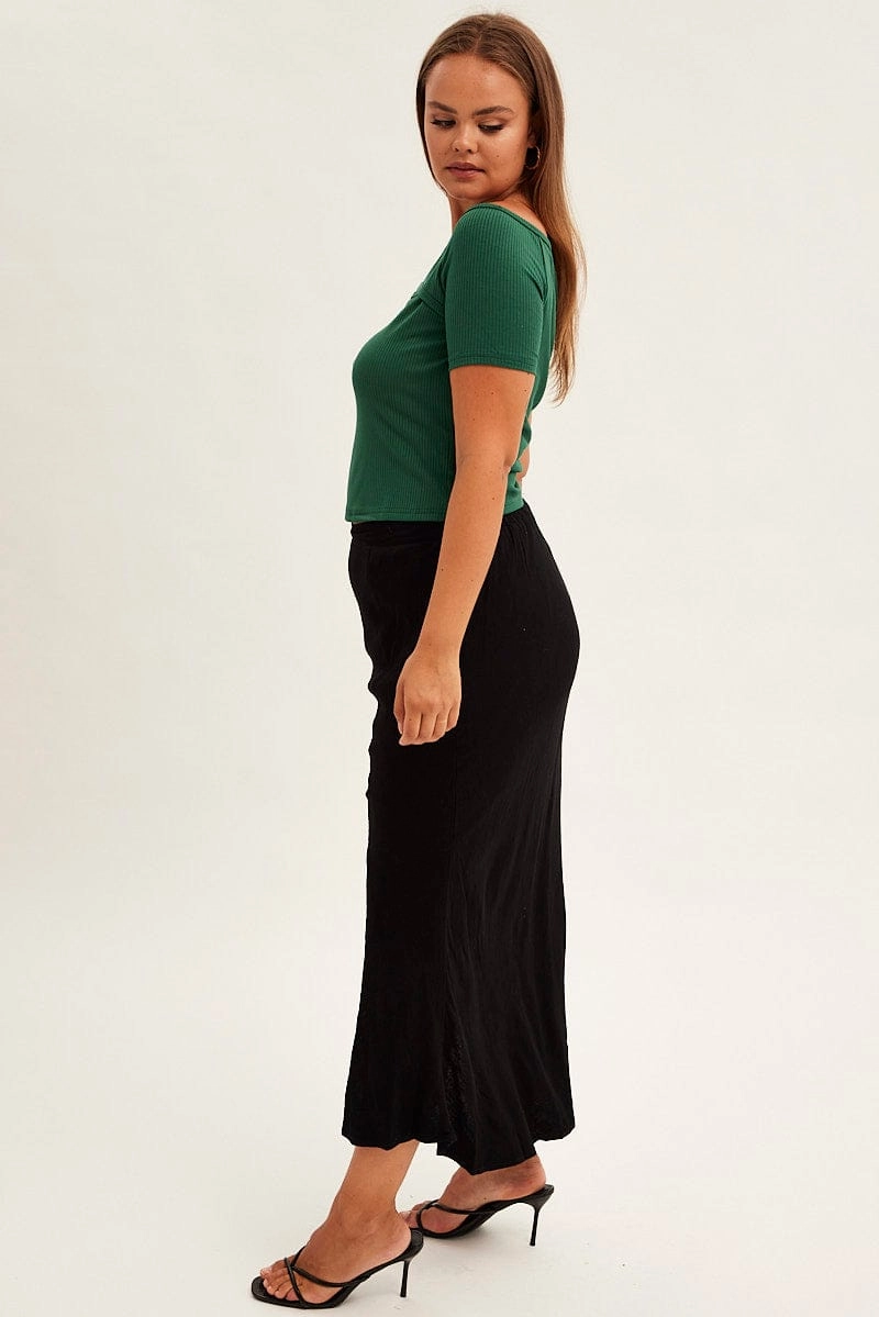 Black Midi Skirt Elastic Waist Split Side Linen Blend Twist Front