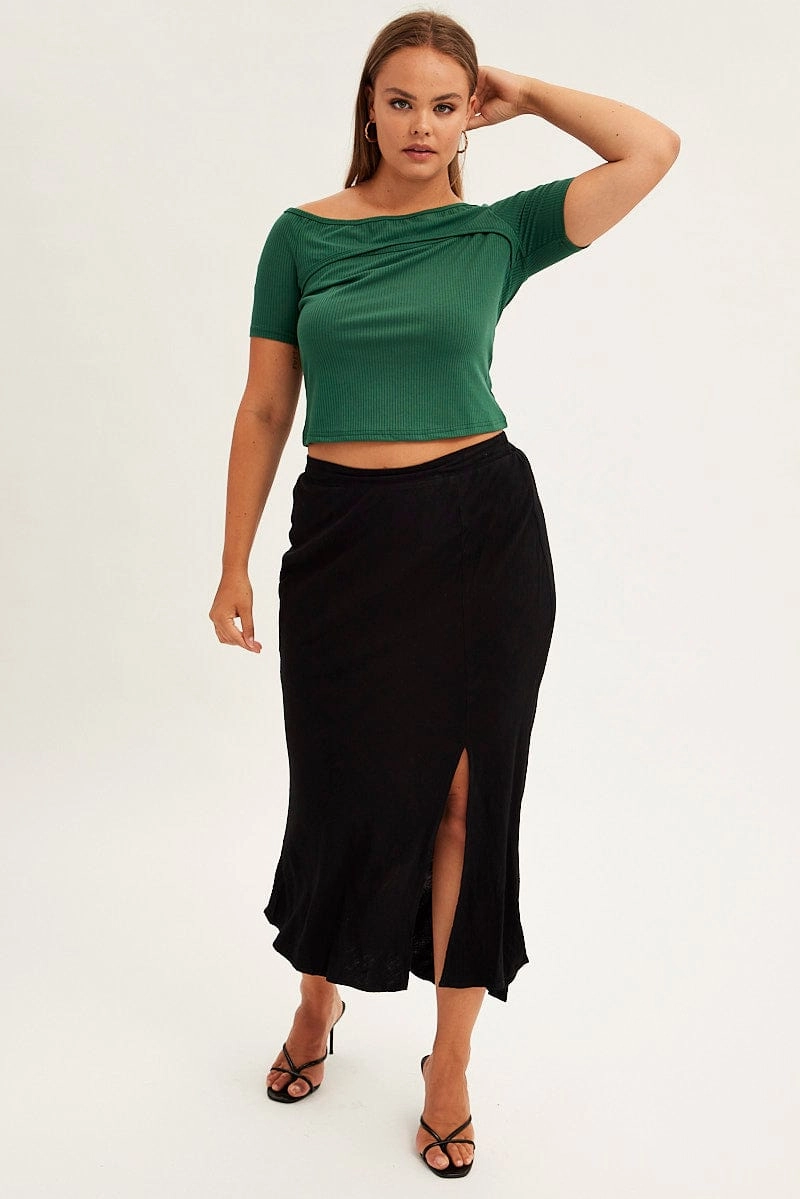 Neutral Wear Runway Ready Black Midi Skirt Elastic Waist Split Side Linen Blend