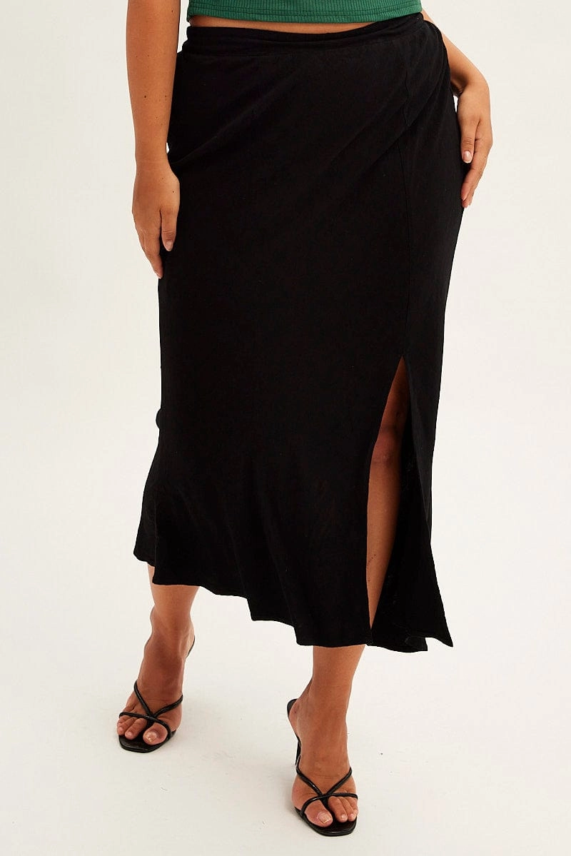 Black Midi Skirt Elastic Waist Split Side Linen Blend Earth Tones