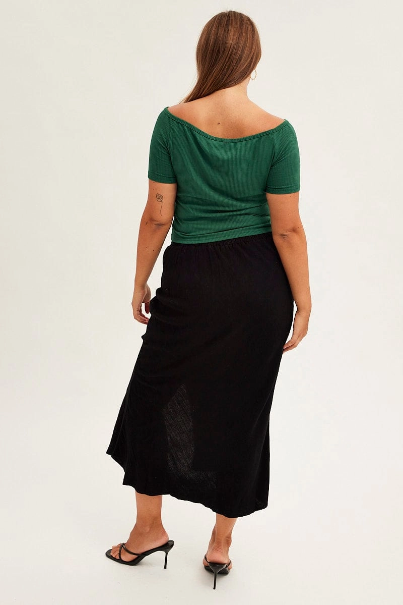 Black Midi Skirt Elastic Waist Split Side Linen Blend Ventilated Slits Formal Event
